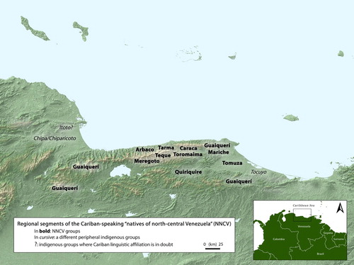 Figure 3. Spatial distribution of the regional segments or ‘blocks’ of the ‘natives of north-central Venezuela,’ considered as a macro-ethnic grouping or as a subgroup of the northern Cariban speakers. The abbreviated form NNCV used in this figure refers to the north-central indigenous peoples according to the explanation provided in the main text (drawn by Konrad T. Antczak and Oliver Antczak).