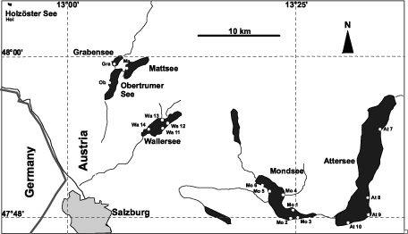 Fig. 1. Locations of the lakes studied, Salzburg, Austria.