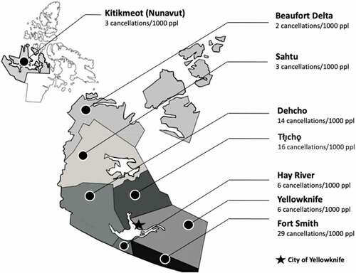 Figure 3. Cancellations per 1000 residents in administrative regions of NWT and NU serviced by the STHA [Citation38].