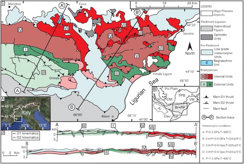 Figure 2. (A) Relief map of the study area. (B) Regional structural sketch highlighting the location of the palaeogeographic domains of the Ligurian Alps. A - Apennines; Ar - Argentera; Br - Briançonnais; Dau - Dauphinois; DM - Dora-Maira; HF - Helminthoid Flysch; PP - Pre-Piedmont; SL - Schistes Lustrés; TPB - Tertiary Piedmont Basin; VM - Voltri Massif. (C) Structural map of the Ligurian Alps. Roman numbers indicate the Briançonnais units: I - Internal Ormea; II - Monte Carmo; III - External Ormea; IV - Mallare; V - Settepani; VI - Bormida; VII - Pamparato-Murialdo. (D) Regional sections.
