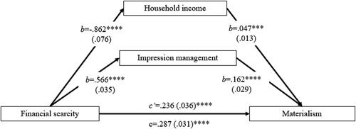 Figure 2. Hypothesized parallel mediation effects on materialism.Notes: Covariates included gender, household size, and homeownership.*p<.05, **p<.01, ***p<.001, ****p<.0001.