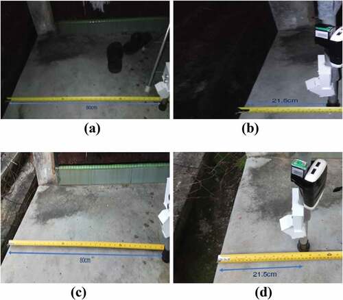 Figure 10. Hole detection experiment at location B: (a) Laser ranging sensor test at night with no front hole (b) Laser ranging sensor test at night with front hole (c) Laser ranging sensor test at daylight with no front hole (d) Laser ranging sensor test at daylight with front hole