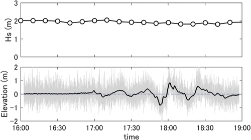 Figure 4. Time profiles of the significant wave height (top) and the water surface level (bottom) observed at Tokumitsu wave gauge that is located offshore of the site 8. Thin gray line is recorded water level and black solid line is the filtered water level using Gaussian filter with time variance of 15 s.
