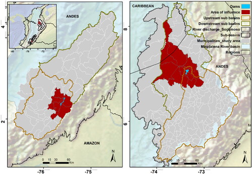 Figure 1. Region of interest, (a) El Quimbo dam and (b) Hidrosogamoso, with AOI, Sub-basins upstream and downstream Magdalena River basin, and Andes region.