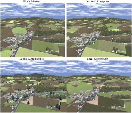 Figure 8. Static visualisations of the different Tarland land-use scenarios.