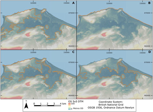 Figure 3. (A) Late glacial palaeoshoreline, before 12,000 cal BC. (B) Early Holocene low-stand shoreline c. 9000 cal BC. (C) Mid Holocene high-stand shoreline c. 6000 cal BC. (D) Neolithic shoreline c. 4000 cal BC.