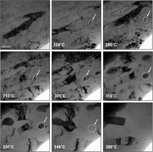 Figure 4. BFTEM images illustrating in situ TEM experiments conducted as a function of temperature on the UFG-AlMgZnCuAg alloy. The alloy underwent heat treatment using a MEMS heating holder, employing a linear heating rate of 10∘C⋅min−1. Images are extracted from the video file; the scale bar displayed at RT applies to all micrographs.