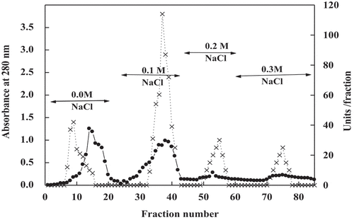 Figure 1. Chromatography of date palm cv. Agwa on DEAE-Sepharose column. (•___•) Absorbant at 280 nm (x --- x) units/fraction