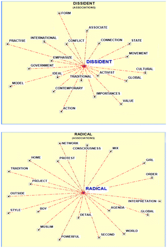 Figure 1. Word associations for ‘dissident’ and ‘radical’.