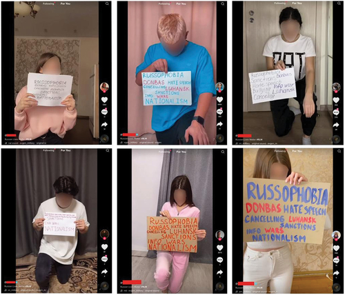 Figure 4. Pro-Russian TikTok influencers presenting their “Russian Lives Matters” with the same phrasing on the front of “Russophobia,” Donbas, “hate speech,” cancelling [sic] sanctions, Luhansk, Infowars, and nationalism.