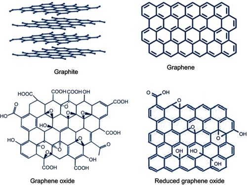 Figure 3 Structure of graphite, graphene, graphene oxide (GO), and reduced graphene oxide (RGO).