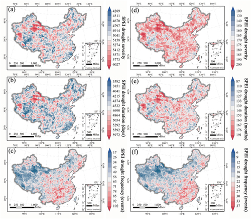 Figure 9. Spatial distribution of drought severity, duration, and frequency extracted from daily and monthly SPEI at 12-month scale.