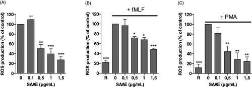 Figure 1. Effect of SAAE on luminol-amplified chemiluminescence in human neutrophils. Human neutrophils (5 × 105) were incubated in the presence or absence of different SAAE concentrations in resting conditions (A) and stimulated with fMLF (10−6 M) (B) or PMA (100 ng/mL) (C). Luminol-amplified chemiluminescence was measured for 30 min (mean ± SEM of three experiments, *p < 0.05).