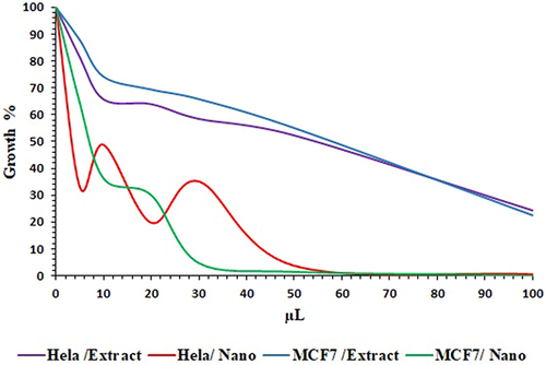 Figure 8 Cytotoxicity effect of N. procumbens extract without and within AgNPs in Hela and MCF-7 cell lines.