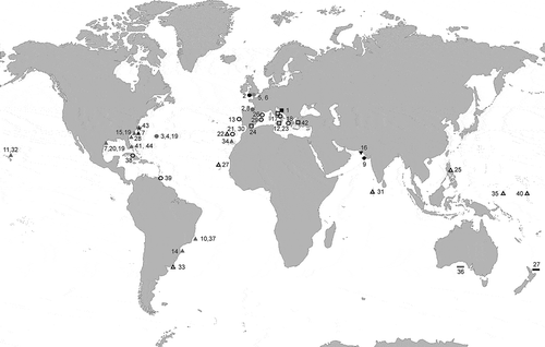 Fig. 37. World distribution map of Polysiphonia foetidissima and related species. P. foetidissima (● type locality, ● reports with descriptions, ○ reports), P. isogona (▬ type locality, ▬ reports with descriptions), P. kappannae (♦ type locality), P. nizamudinii (▼ type locality), P. schneideri (* type locality), P. stuposa (■ type locality, □ reports) and P. tepida (▲ type locality, ▲ reports with descriptions, ∆ reports). References: 1, Kützing (Citation1864); 2, Bornet (Citation1892); 3, Collins & Hervey (Citation1917); 4, Howe (Citation1918); 5, Batten (Citation1923); 6, Newton (Citation1931); 7, Hollenberg (Citation1958); 8, Lancelot (Citation1966); 9, Sreenivasa Rao (Citation1967); 10, Oliveira Filho (Citation1969); 11, Hollenberg (Citation1968); 12, Giaccone (Citation1969); 13, Ardré (Citation1970); 14, Cordeiro-Marino (Citation1977); 15, Kapraun (Citation1977); 16, Farooqui & Begum (Citation1978); 17, Giaccone (Citation1978); 18, Kapraun (Citation1979); 19, Taylor (Citation1960); 20, Schnetter & Schnetter (Citation1981); 21, Weisscher (Citation1983); 22, Audiffred & Prud´homme van Reine (Citation1985); 23, Giaccone et al. (Citation1985); 24, Conde & Soto (Citation1986); 25, Silva et al. (Citation1987); 26, Ballesteros (Citation1990); 27, Adams (Citation1991); 28, Schneider & Searles (Citation1991); 29, Ballesteros (Citation1993); 30, Lawson et al. (Citation1995); 31, Silva et al. (Citation1996); 32, Abbott (Citation1999); 33, Coll & Oliveira (Citation1999); 34, Rojas-González & Afonso-Carrillo (Citation2000, Citation2008); 35, McDermid et al. (Citation2002); 36, Womersley (Citation2003); 37, Guimarães et al. (Citation2004); 38, Suárez (Citation2005); 39, Duncan & Lee Lum (Citation2006); 40, Tsuda et al. (Citation2006); 41, Dawes & Mathieson (Citation2008); 42, Taskin et al. (Citation2008); 43, Stuercke & Freshwater (Citation2010); 44, Mamoozadeh & Freshwater (Citation2011).