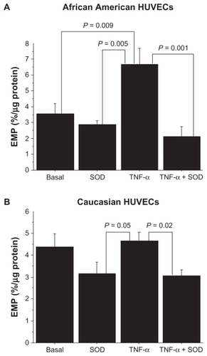 Figure 3 A) EMP levels under each of the experimental conditions in African American HUVECs. B) EMP levels under each of the experimental conditions in Caucasian HUVECs.