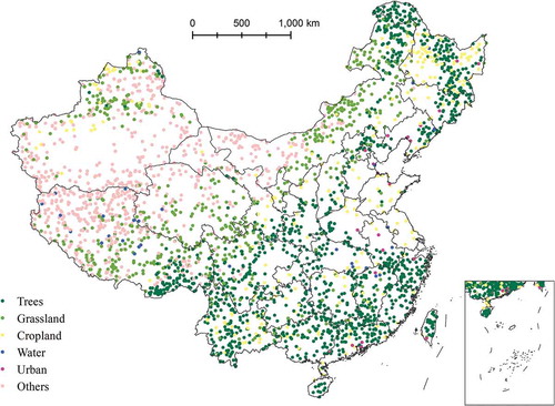 Figure 2. Points randomly collected in China through stratified random sampling using the land cover aggregated from MODIS land cover dataset.