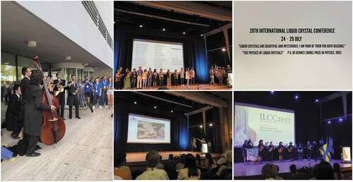 Figure 8. The opening ceremony, closing ceremony and ILCC art exhibition in ILCC 2022. Left: Musical performance in the opening ceremony, Top Middle: Closing ceremony by Prof. Maria Helena Godinho, Bottom Middle: Prof. Ivan H. Bechtold presenting regarding the upcoming ILCC at Rio De Janeiro, Brazil, Top Right: ILCS Art Exhibition, Bottom Right: Closing Ceremony by the musical group, Tuna Maria. (Photos by Vidhika Punjani).