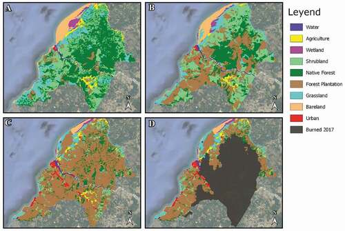 Figure 2. Land use/cover change at the county level between 1955 and 2014. (a) 1955, (b) 1975 (c) 2014, (d) burned areas in 2017.