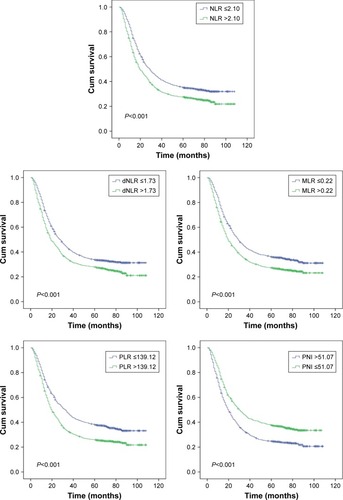 Figure 2 Kaplan–Meier curves for overall survival according to NLR, dNLR, MLR, PLR, and PNI.