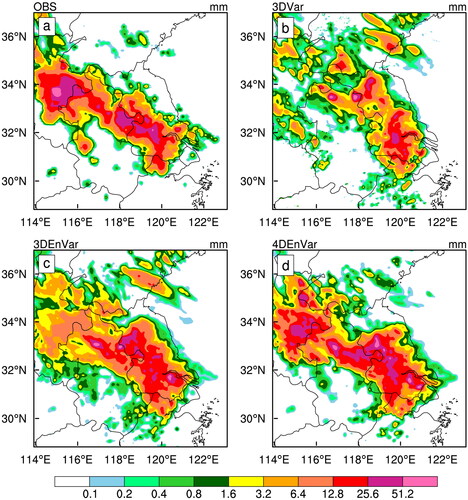 Figure 12. Six-hour accumulated precipitation (unit: mm) from observation (a), 3DVar (b), 3DEnVar (c) and 4DEnVar (d) initial at 0900 UTC 14 June 2009.