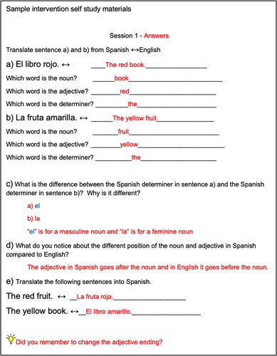 Figure 3. Worksheet from activity on adjectives, with answers.