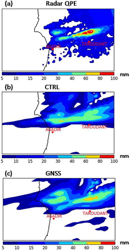 Fig. 9. Twenty-four hours accumulated precipitation in mm from 1 March 2018 06 UTC to 2 March 2018 06 UTC, over Agadir radar coverage area for (a) radar QPE, (b) CTRL experiment and (c) GNSS experiment.