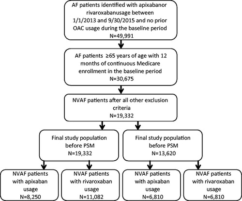 Figure 1. Selection of patients for study cohorts treated with apixaban and rivaroxaban. AF: atrial fibrillation; NVAF: nonvalvular atrial fibrillation; PSM: propensity score matching.