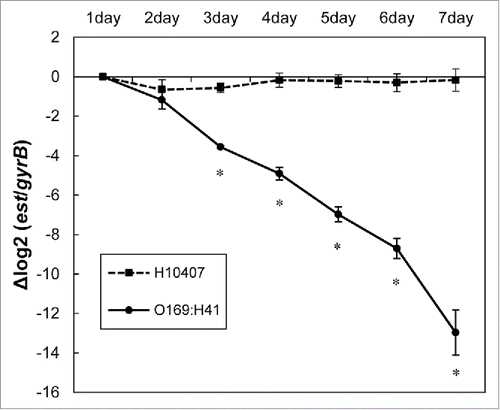 Figure 2. Stability of pEntYN10 during passages was verified during 7 d by ΔΔCt comparison between genes on plasmid (est)/chromosome (gyrB) using realtime PCR. The Y-axis represents the difference of Ct value (ΔCt) between est and gyrB of respective strains. Asterisks denote statistically significant difference (*P < 0.001) by Student's t-test between ETEC strain O169:H41 (YN10) and positive control (H10407).