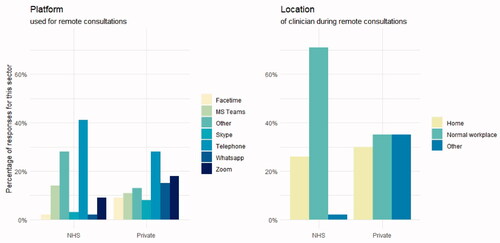 Figure 4. Platform used for remote consultations & HCP location during remote consultation as a percentage of responses provided by HCPs from the corresponding sector.