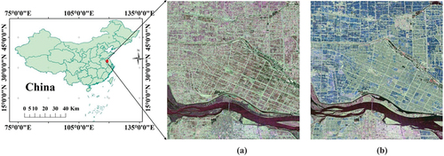 Figure 1. The color composite images (FP SAR VV (red), VH (green), and HH (blue)) of the backscattering coefficients of FP SAR data (a: July 27, 2012; b: September 16, 2015).