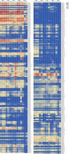 Figure 5. Spatiotemporal expression patterns of TaCaM/CML genes. The heat map illustrates the spatiotemporal expression patterns of TaCaM/CML genes in five tissues (roots, leaves, stems, spikes, and grain) in three developmental stages. A Zadoks scale represents the developmental stages. Different colors correspond to log2-transformed values. Blue or red indicates lower or higher expression levels of each transcript in each sample, respectively.