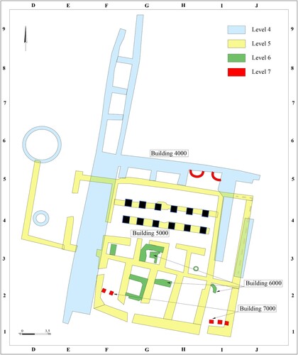 Figure 4 Schematic plan of late Iron IIA stratigraphic sequence on the Upper Terrace (Area A), Ḥorvat Tevet, Levels 7–4 (courtesy of the Israel Antiquities Authority, plan by Elena Ilana Delerzon).