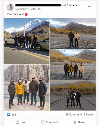 Figure 2 Screenshot of Facebook posts by young Gilgit men touring their region. (Shot by the author, 2021)