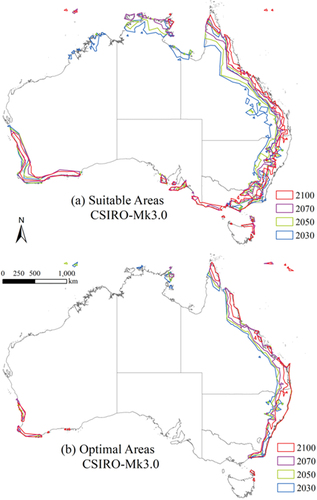 Figure 8. The dynamic shifting of projected suitable and optimal areas of peanut crops in Australia using CSIRO-Mk3.0 Global Climate Model in 2030, 2050, 2070, and 2100.