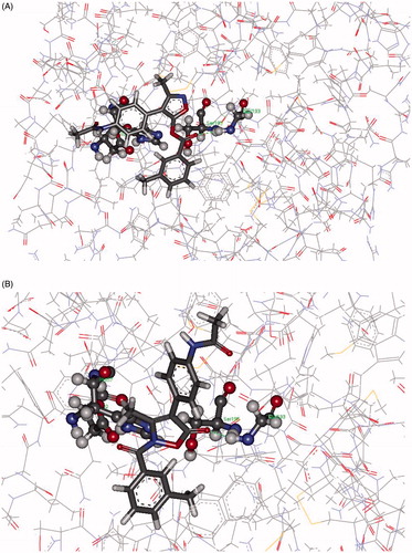 Figure 4. Panel (A): Pose from the CDocker protocol showing Gly193 involved as H-bond donor to the carbonyl function of 8d. Panel (B): Pose from the CDocker protocol showing Gly193 involved as H-bond donor to 5-CO in 7d.