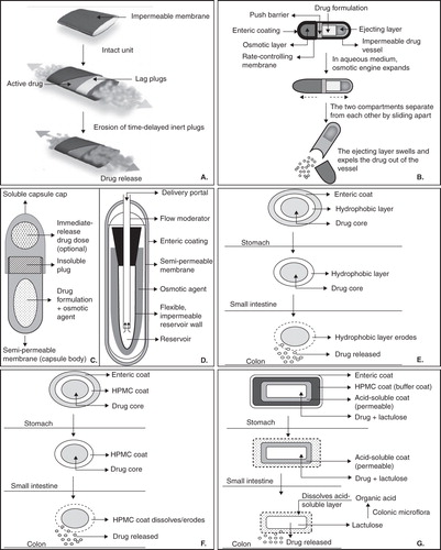 Figure 2. Schematic diagram of (A) Egalet, (B) Chronset™, (C) PORT System, (D) Osmet™, (E) Time Clock system, (F) Chronotopic system (G) CODES™.