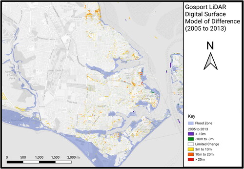 Figure 8. Gosport 2005 and 2013 LiDAR DSM comparison (OpenStreetMap).