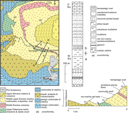 Figure 33. Simplified geological map of a key area of the Eurasian margin to the north of the suture zone, NW of Olur. Left: outline map showing lines of sections; Right: upper, Summary measured log (composite of logs a and b on the map; this study); Right lower, cross-section (marked A–A′ on the map). (U. Eo Upper Eocene; M. Eo. Middle Eocene). An Upper Cretaceous marine, mixed carbonate/volcanogenic succession passes into Upper Palaeocene shallow-water mixed carbonates and clastics. This sequence was transgressed by Middle-Upper Eocene non-marine, shallow-marine and then deeper-marine (marls) sediments. The shelf carbonates are intercalated with basaltic extrusions (see Figure 3; compiled from Konak & Hakyemez, Citation2008a and this study; see also Bozkuş, Citationl992a, Citation1992b).