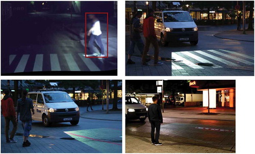 Figure 11. Identification of a pedestrian – projection of a zebra strip (top) projection of a red lane edge and a stop sign indicates that the vehicle will not stop (bottom).