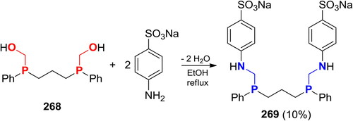 Scheme 153. Reaction of 1,3-bis((hydroxymethyl)phenylphosphino)propane with sodium 4-aminobenzenesulfonate.[Citation61]