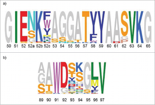 Figure 5. Consensus sequences are depicted by using the Sequence Logo tool, weighing for frequency of amino acids (http://genome.tugraz.at/Logo/ Citation50). The residue numbering shown is according to Kabat. Citation27(a) CDR-H2 consensus representing 38 unique sequences. (b) CDR-L3 consensus representing 70 unique sequences.