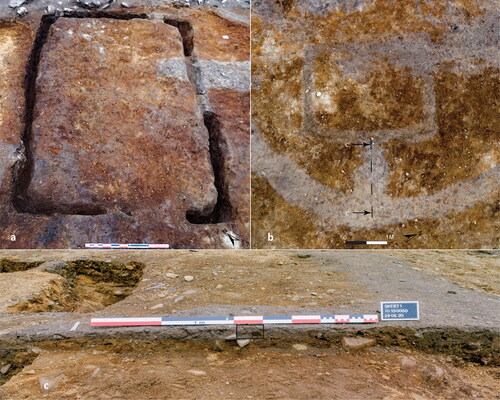 Fig 9 Excavation Photographs with traces of entrances. (a) Disturbeded trampled soil over the S wall trench in G9. (b) Aerial photograph showing the outline of the G13 mortuary house and the trampled soil surface leading from the ring ditch into the wall trench. Sectioned area indicated with the arrows. (c) The section through the trampled soil surface in G9. The black box indicates the location of the micromorphology sample. Photographs by Eystein Østmoe (a), Kristoffer Rantala (b), and Ole Husby (c), © NTNU University Museum.