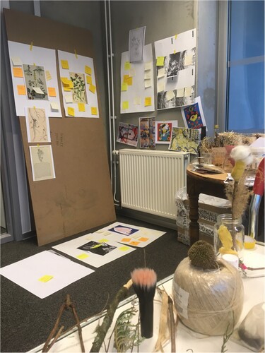 Figure 8. Work material in the studio including image references such as those of Cristina Daura and Fien Jorissen. (Photo credit: Åsa Ståhl).