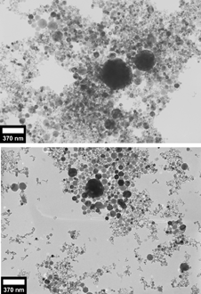 FIG. 1 (top) Transmission electron micrograph of 7.5 mg mild steel GMAW fume in 2.5 ml ethanol. (bottom) Transmission electron micrograph of 7.5 mg mild steel GMAW fume in 3.5 ml of lauric acid–ethanol solution (0.29 moles/l).