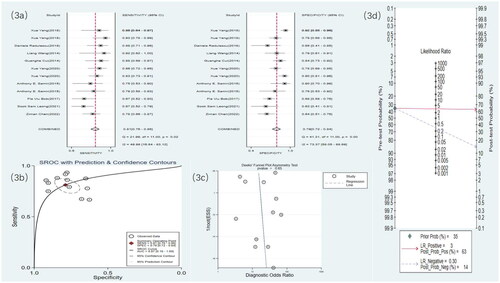 Figure 3. US statistical results. (a) Meta-analysis Forest plot for sensitivity and specificity of US in detecting RF. (b) SROC for meta-analysis based on US in detecting RF. (c) Deek’s funnel plot for meta-analysis based on US in detecting RF. (d) Meta-analysis line diagram based on US in detecting RF.