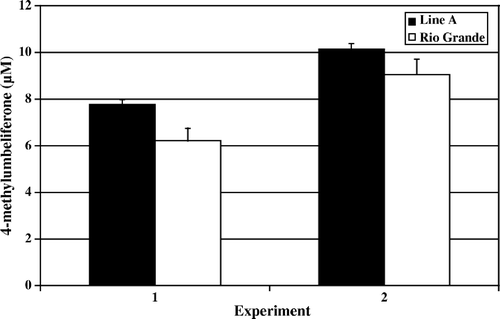 Figure 6.  Day 14 post-hatch heterophil degranulation. Results are presented as two separate experiments. Data represent average µM per experiment±standard deviation. Heterophils were isolated from pooled peripheral blood from 100 turkeys from each line in each experiment. Heterophils were stimulated with OPSE for 1 h at 39°C. No significant differences were observed (P > 0.05).