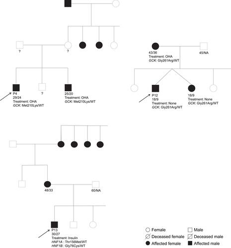Figure 1 Pedigrees of the families 4, 12 and 13 where pathogenic variants were identified.