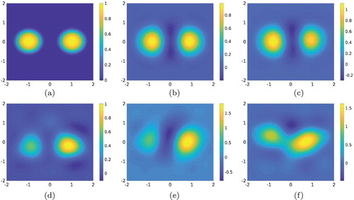 Figure 5. Test 2. The true and computed source functions. The reconstruction of the two inclusions are not symmetric probably because the true function c, see Figure 2 for its graph, is negative on the left and positive on the right. However, both inclusions can be seen when the noise level goes up to 100%. (a) The function ftrue. (b) fcomp, δ=0%. (c) fcomp, δ=25%. (d) fcomp, δ=50%. (e) fcomp, δ=75%. (f) fcomp, δ=100%.