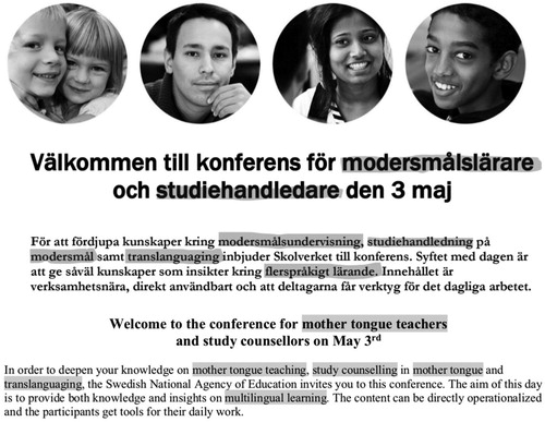 Figure 9. Mother-tongue–TL–Multilingual. The Swedish National Agency for Education in-service conference invitation, March 2017.